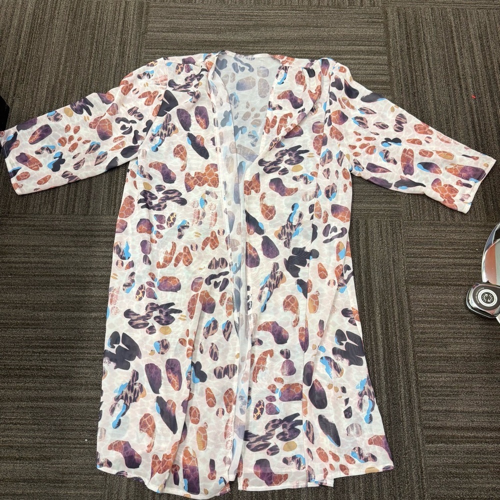 Multicolor Leopard Print Swim Coverup Mesh Quarter Sleeve Open Front Dress